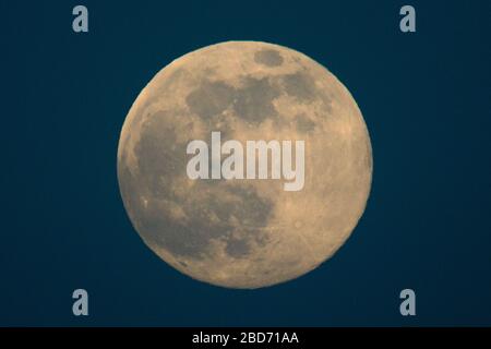 Blackness, Royaume-Uni. 7 avril 2020. Photo: La Supermoon d'avril monte sur la côte est de l'Ecosse dans le ciel du soir et apparaîtra plus grand dans le ciel de nuit que toute autre lune cette année. La Lune de ce soir sera à sa luminosité maximale dans les très tôt heures du mercredi 8 avril, à laquelle la Lune sera proche de son périgée - ou le point dans son orbite qu'elle est la plus proche de la Terre. Cette proximité fournira la plus grande apparence de la Lune pour toute l'année, communément appelée Supermoon. Crédit : Colin Fisher/Alay Live News Banque D'Images