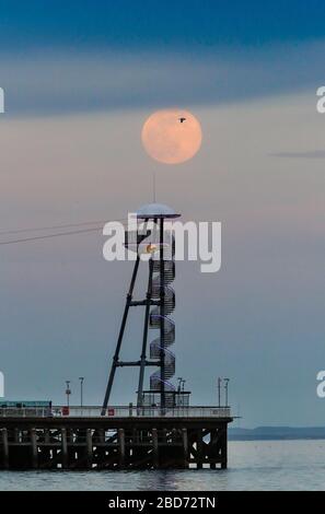 Bournemouth, Royaume-Uni. 7 avril 2020. La Super Pink Moon monte au-dessus de la jetée de Bournemouth à Dorset. Crédit: Richard Crease/Alay Live News Banque D'Images