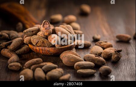 Les fèves de cacao sur fond de bois Banque D'Images