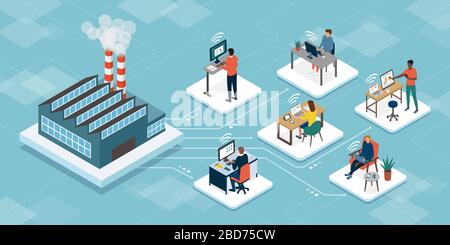 Les télétravailleurs professionnels qui se connectent à leur site de production industrielle d'entreprise et travaillent ensemble en ligne, en télétravail et en réseau Illustration de Vecteur