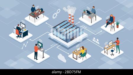 Les télétravailleurs professionnels qui se connectent à leur site de production industrielle d'entreprise et travaillent ensemble en ligne, en télétravail et en réseau Illustration de Vecteur