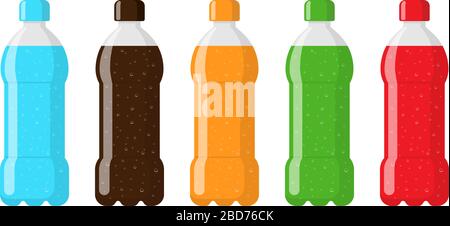 Ensemble de bouteilles en plastique avec boisson soda bleu eau rouge brun orange vert. Boisson gazéifiée avec bulles dans la tare, vecteur isolé eps illustration Illustration de Vecteur