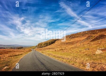 Un marcheur solitaire pendant le verrouillage de Coronavirus montre deux oiseaux de proie dans les crags sur Embsay Moor (pris par un cycliste solitaire conscient de distancement social!) Embsay, Yorkshire du Nord, Angleterre, Royaume-Uni Banque D'Images