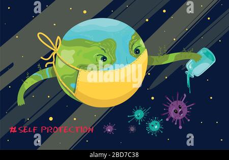 Planète Terre comme caractère aseptisant contre les virus et les bactéries. Illustration de Vecteur