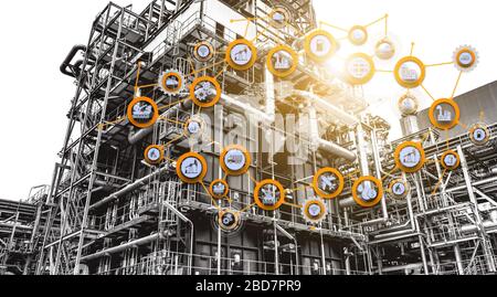 4.0 L'industrie des raffineries de pétrole et l'icône double exposition concepts, la mise en réseau et l'échange de données et la technologie moderne pour le monde industrail. Banque D'Images