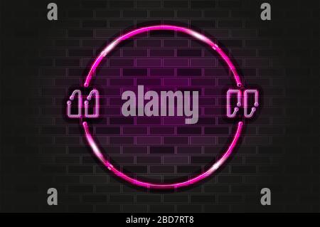 Cadre rond rose avec guillemets qui illuminent le signe néon ou la lumière de bande LED. Illustration vectorielle réaliste. Mur en briques noires, ombre douce, support en métal Illustration de Vecteur