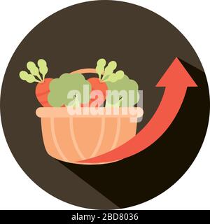 légumes frais dans le panier d'achat flèche vers le haut, hausse des prix des aliments, style bloc icône illustration vectorielle Illustration de Vecteur