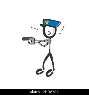 Un policier arrête un pistolet de détention criminel. Tiré à la main. Dessin animé stickman. Esquisse Doodle, illustration graphique vectorielle Illustration de Vecteur