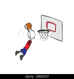 Score du joueur de basket-ball. Saut élevé. Tiré à la main. Dessin animé stickman. Esquisse Doodle, illustration graphique vectorielle Illustration de Vecteur