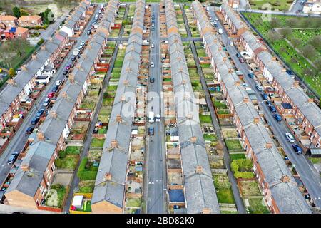 Vue sur les rangées de maisons de mineurs en terrasses Banque D'Images