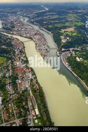 , centre ville de Passau, Rivers Inn, Danube, Ilz, 22.08.2014, vue aérienne, Allemagne, Bavière, Passau Banque D'Images