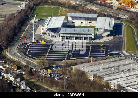 Nouveau bâtiment du stade RWE à Hafenstrasse à Essen, terrain de football de Rot-Weiss-Essen, 24.02.2014, vue aérienne, Allemagne, Rhénanie-du-Nord-Westphalie, région de la Ruhr, Essen Banque D'Images