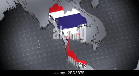 Thaïlande - frontières et drapeau - illustration tridimensionnelle Banque D'Images