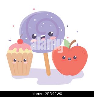 adorable bonbons appple dans bâton et cupcake kawaii dessin animé personnage illustration vectorielle Illustration de Vecteur