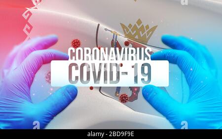 Maladie du coronavirus infection COVID-19 dans la région russe, concept d'images du drapeau - Drapeau de mari El. Le coronavirus en Russie est une illustration tridimensionnelle du concept. Banque D'Images