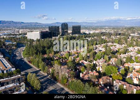 Vue aérienne du Warner Center à Woodland Hills, Californie Banque D'Images