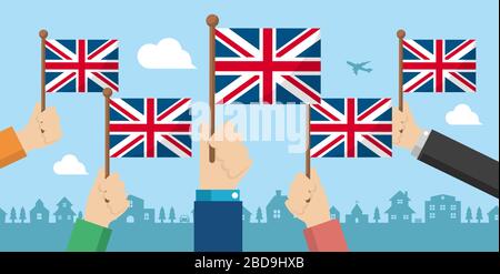 Les gens qui tiennent le drapeau national en main , illustration de bannière vectorielle / Royaume-Uni, royaume-uni, Angleterre Illustration de Vecteur