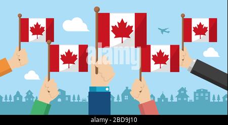 Les gens qui détiennent le drapeau national en main , illustration de bannière vectorielle / Canada Illustration de Vecteur