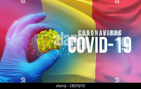 Coronavirus COVID-19 concept d'éclosion, virus menaçant la santé, contexte agitant le drapeau national de la Roumanie. Une pandémie arrête l'éclosion de Novel Coronavirus Banque D'Images