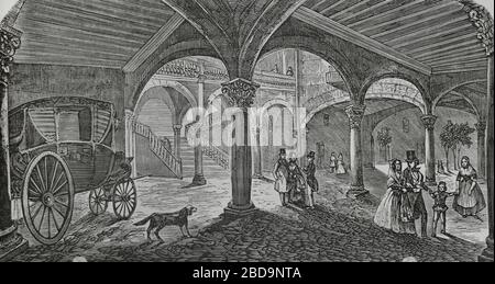 España. Islas Baleares. Majorque. Palma de Majorque. Casa Vivot o CAN Vivot. Casa señorial. Vista del patio. Grabado. Crónica General de España, Historia ilustrada y Descriptiva de sus Provincias. Baleares, 1871. Banque D'Images