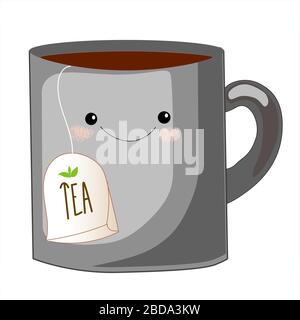 Tasse de thé cute character.Sweet sachet avec mignon visage. Objets doodle Emoji.Extra sachet à thé set. Tasse avec emoji les joues et les yeux. Belle couleur Illustration de Vecteur