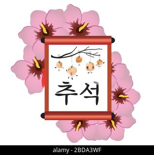 Carte de vœux pour les vacances de Chuseok en Corée. Récolte et jour d'automne. Défilement de fruits de persimmon. Une rose ou un hibiscus est le symbole national de la Corée Illustration de Vecteur