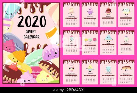 Calendrier pour 2020. Jeu de personnages de bonbons. Desserts et pâtisseries. Cupcake, muffin, macarons et pâtisseries. Eclair avec glaçage au chocolat. Des kawaii bizarres Illustration de Vecteur