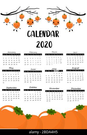un calendrier ou un planificateur de page a fixé 2020 avec des fruits persimmon pour les enfants. style coréen. Peut être utilisé pour imprimer des graphiques. Illustration de Vecteur