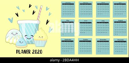 calendrier 2020 avec des personnages bizarres. Planificateur pour enfants. Mur ou poche. Illustration de Vecteur