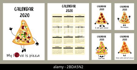 calendrier 2020. Motif enfants. Fond blanc pizza. Personnage de dessin animé. Planificateur, organisateur ou hebdomadaire pour un enfant. Prêt à imprimer. La semaine commence Illustration de Vecteur