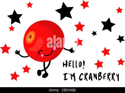 Bonjour, je suis une canneberge. Carte de vœux avec baies pour enfants. Personnage de dessin animé de Kawaii Illustration de Vecteur