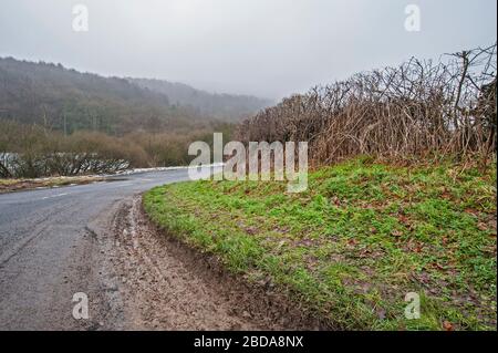 Route dans la campagne rurale paysage se dirigeant autour d'un coin sur la journée misty overcast Banque D'Images