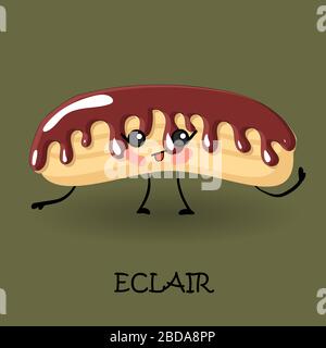 Eclair personnage avec visage et sourire. Bonbons et desserts Kawaii. Illustration de Vecteur