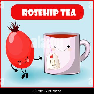 thé au rosehip. Tasse de caractère, une baie drôle avec un visage, des yeux et un sourire. Des aliments sains. Vitamines et minéraux automne. Illustration de Vecteur