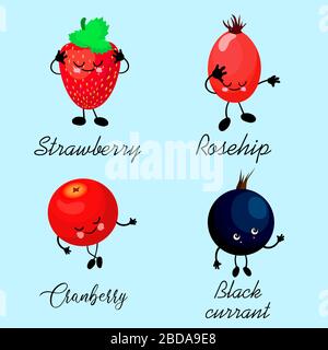 Grandes baies de collection. Le charme des baies avec les yeux. Fond blanc. Des aliments sains. Carte pour l'apprentissage des enfants. Illustration de Vecteur