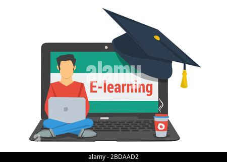 concept e-learning, homme assis sur un ordinateur portable Illustration de Vecteur
