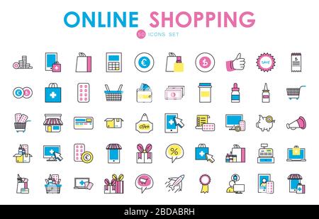 50 style de remplissage Icon set design of Shopping Online Medical Care ecommerce marché vente au détail acheter payer banque et consumérisme thème illustration vectorielle Illustration de Vecteur