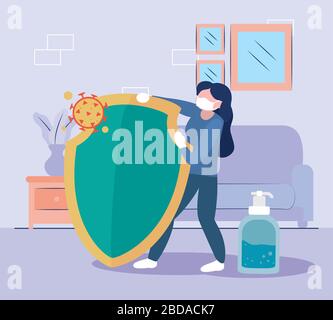 femme se protégeant avec un bouclier et une bouteille de gel antibactérienne sur le décor du salon arrière-plan, illustration vectorielle Illustration de Vecteur