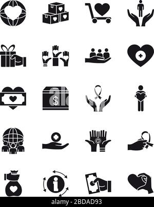 l'icône représentant les mains et la charité et le don se fixe sur un fond blanc, un style de silhouette et une illustration vectorielle Illustration de Vecteur