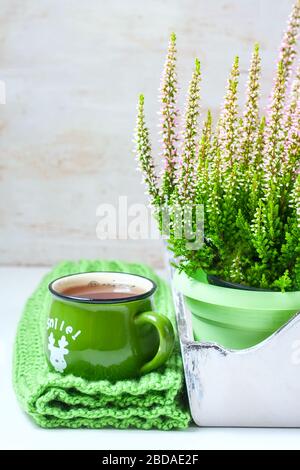 Bouquet de bruyère, tasse à thé et écharpe tricotée, foyer sélectif Banque D'Images