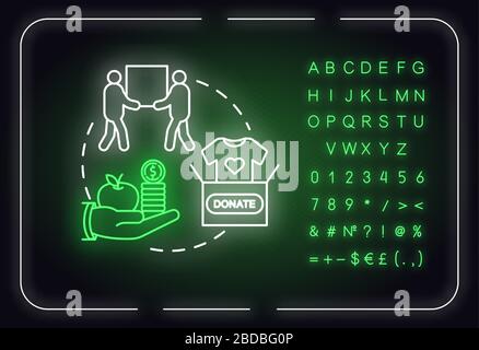 Soyez l'icône du concept de lumière fluo sans égoïsme. Aide sociale et soutien des personnes. Idée de services de bienfaisance et de bénévoles. Signe lumineux extérieur avec alphabet, chiffres Illustration de Vecteur