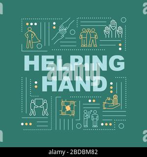 Bannière conviviale de concepts de mot de support. Bénévolat et charité. Aide désintéressée. Infographies avec icônes linéaires sur fond vert. Isolé Illustration de Vecteur