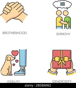 Les icônes de couleur RVB friendly sont définies. Attachement émotionnel fort, symboles d'amitié. Relation émotionnelle interpersonnelle. Fraternité, empathie Illustration de Vecteur