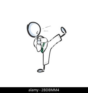 Karate man fait de l'exercice de coup de pied. Arts martiaux dessinés à la main. Dessin animé stickman. Esquisse Doodle, illustration graphique vectorielle Illustration de Vecteur