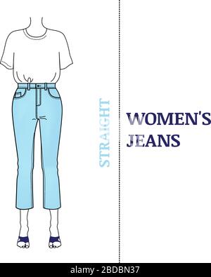 Jean bleu pour Femme avec silhouette droite. Pantalon court court et haut de gamme, coupe classique et short en T basique. Types de coupe populaire pour jeans, Vector illu Illustration de Vecteur