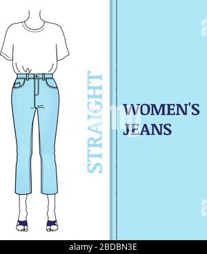 Jean bleu pour Femme avec silhouette droite. Pantalon court court et haut de gamme, coupe classique et short en T basique. Types de coupe populaire pour jeans, Vector illu Illustration de Vecteur