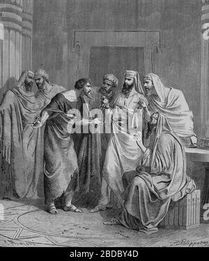 Nouveau Testament. Judas Iscariot faire une affaire avec les prêtres. Gravure, XIXe siècle. Banque D'Images