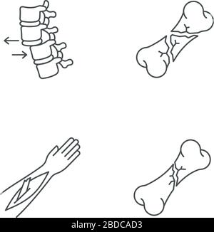 Blessures de la partie du corps pixels Perfect icônes linéaires ensemble. Vertèbre rachidienne, luxation de la colonne vertébrale. Os cassés. Symboles de contour de ligne mince personnalisables. Isolé Illustration de Vecteur