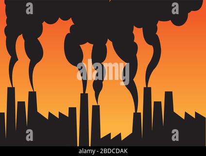 Pollution de l'air des usines avec cheminées contre le ciel. Illustration vectorielle. Illustration de Vecteur