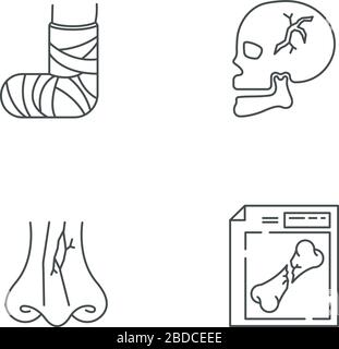 Jeu d'icônes linéaires parfaites pour les blessures des membres et du corps. Pied cassé. Rupture de nez. Crâne blessé. Acquisition de rayons X. Symboles de contour de ligne mince personnalisables Illustration de Vecteur